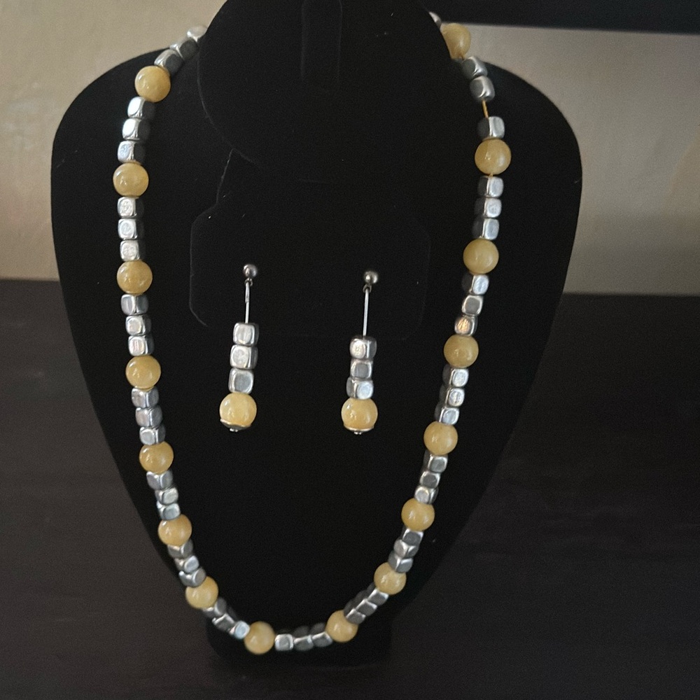 Elegant Silver and Yellow Beaded Necklace and Earring Set